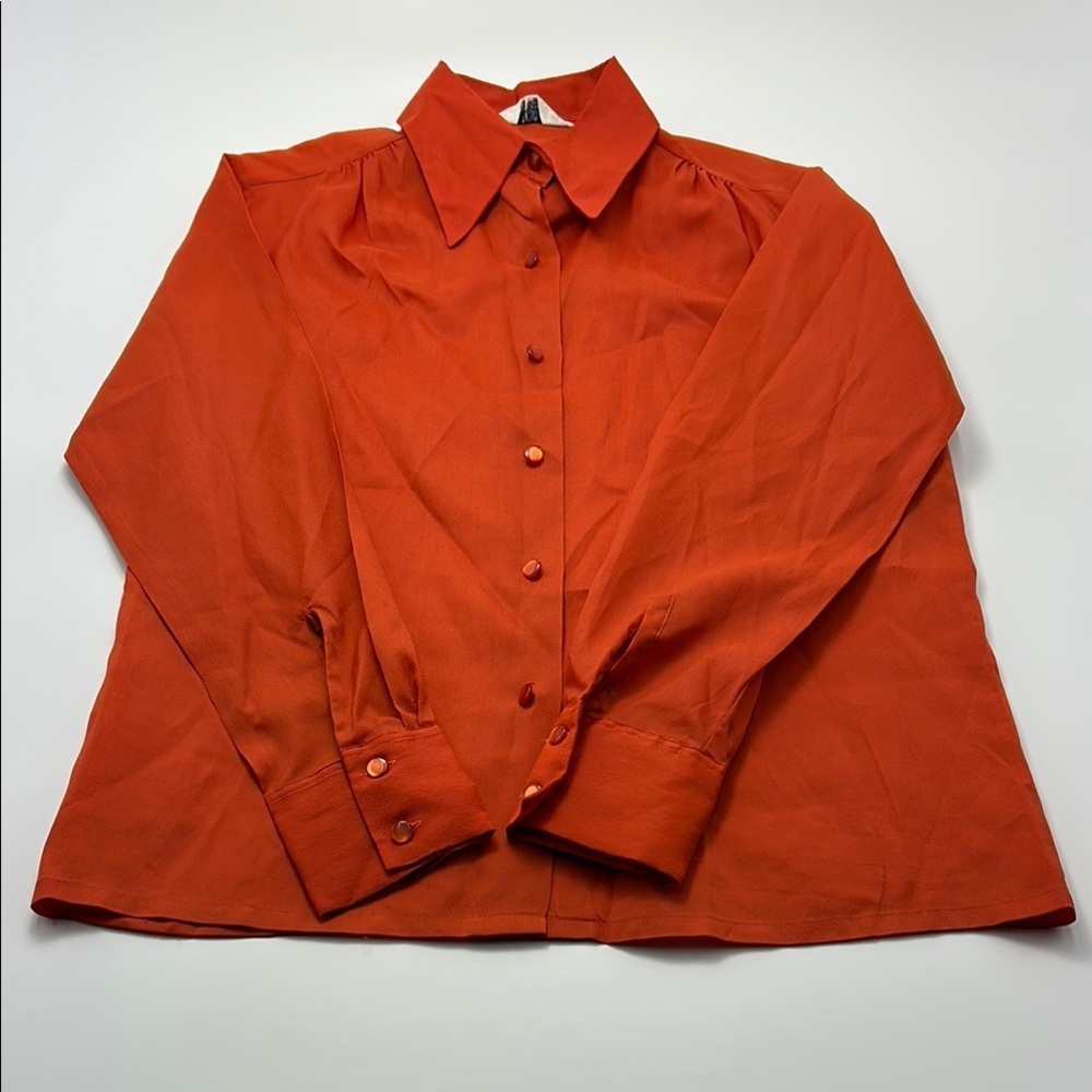 Vintage 70s Miss Holly Women's Button Down Shirt Orange 32 Lond Sleeve Collared